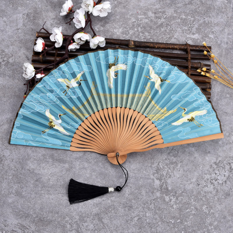 Classic Bamboo Hand Fan | Vintage Cloud Crane Pattern