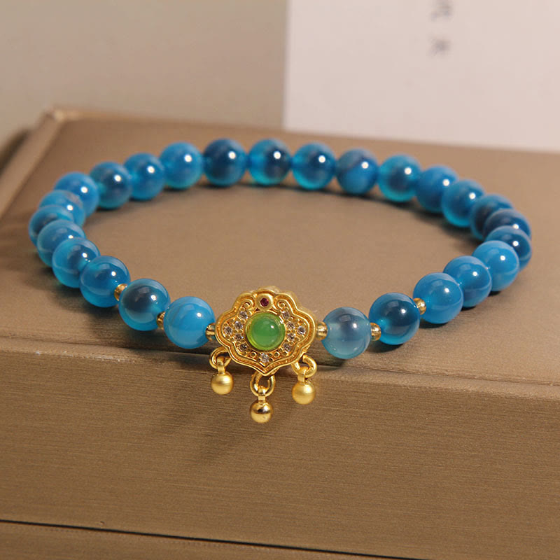 Blue Candy Agate Bracelet with Chinese Lock Charm for Protection