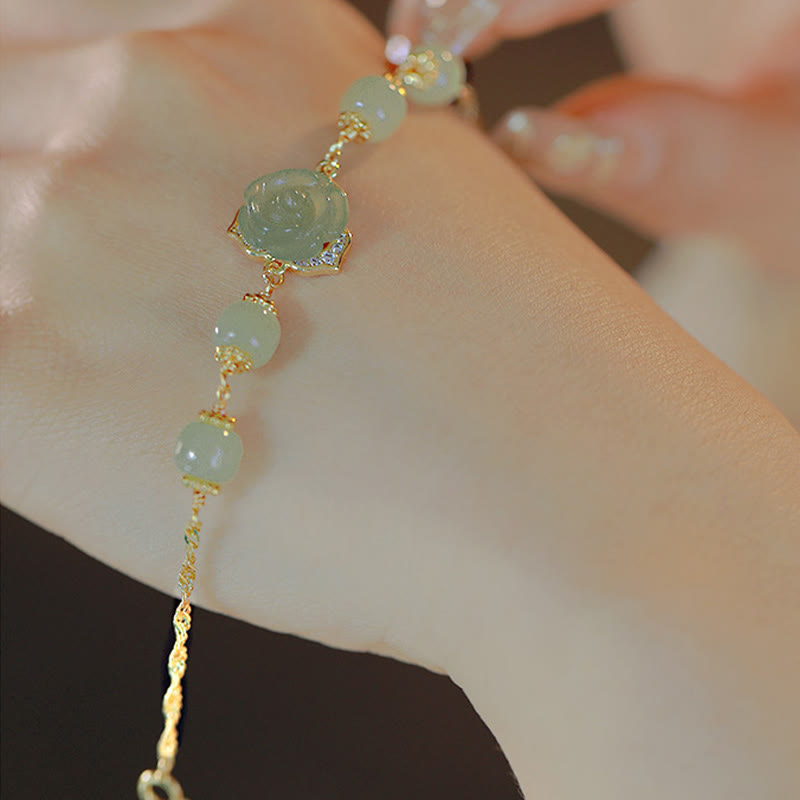 14K Gold Plated Hetian Jade Rose Flower Luck Bracelet