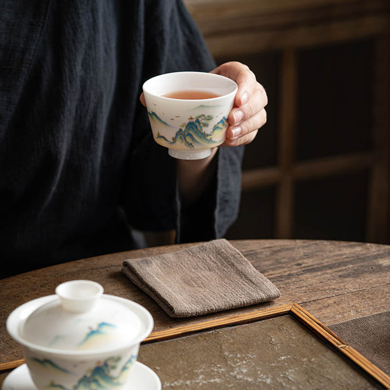 Zen Ceramic Teacup with Lotus Flower and Mountain Design 100ml