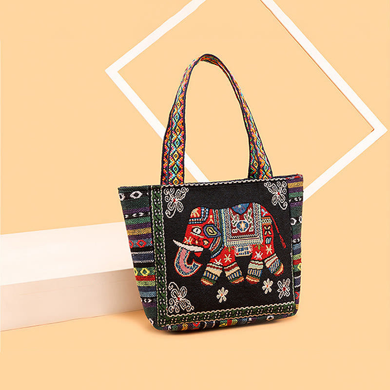 Large Canvas Tote Bag with Elephant Butterfly Embroidery - Spiritual Charm