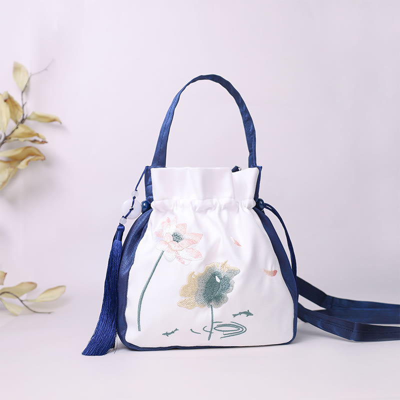 Cotton Linen Tote Bag with Lotus Koi Embroidery 20cm