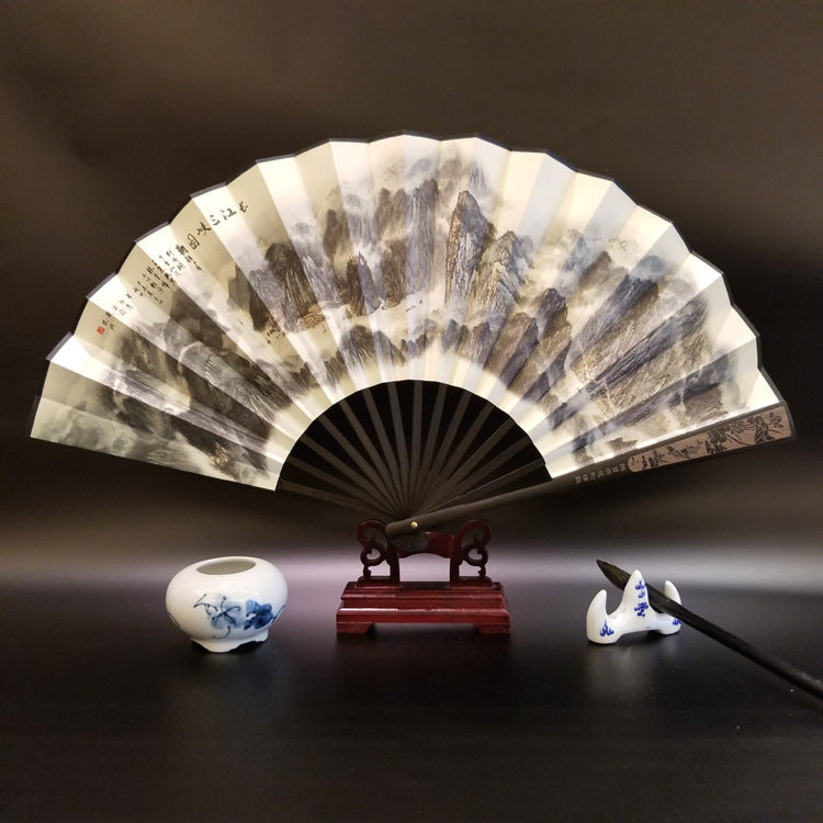 33.5cm Chinese Bamboo Folding Fan with Great Wall Pattern