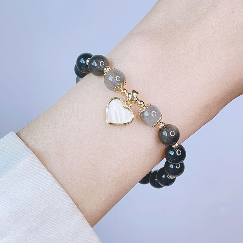 Silver Sheen Obsidian Protection Bracelet with Love Heart Charm