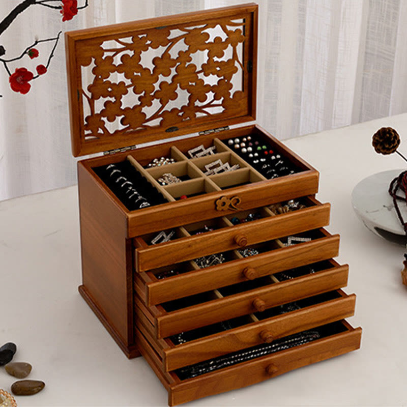 Six-Layer Wooden Jewelry Box with Vintage Plum Blossom Carvings