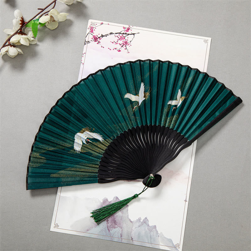 22cm Chinese Folding Silk Bamboo Fan with White Crane Design