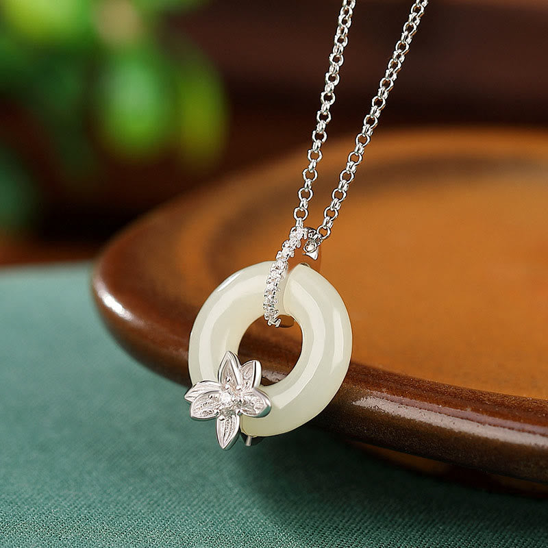 925 Sterling Silver Hetian Jade Peace Buckle Flower Luck Necklace