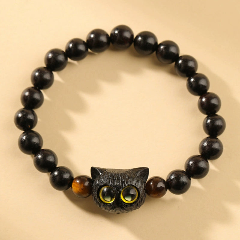 Ebony Wood Cat Head 8mm Bracelet for Peace & Balance