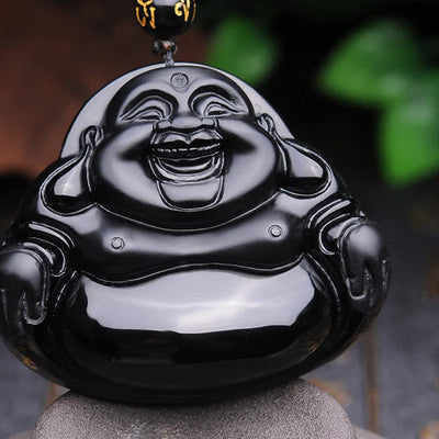 Black Obsidian Laughing Buddha Transformation Pendant