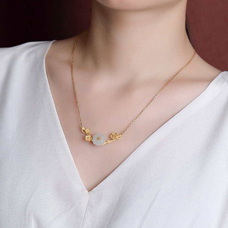 Hetian Jade Plum Blossom Luck Necklace Bracelet Ring Set