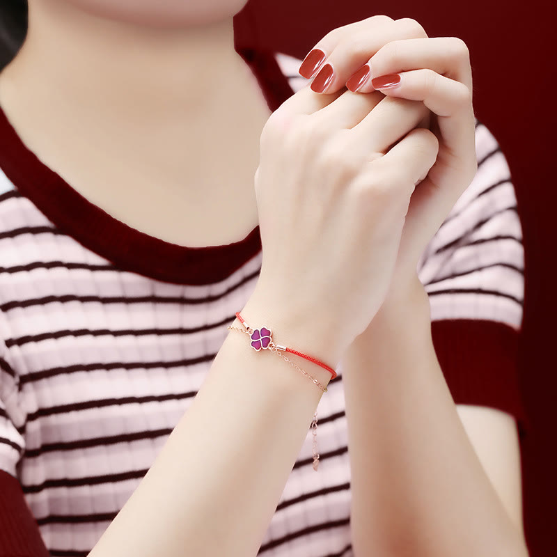 Color-changing Four Leaf Clover Red String Bracelet in 925 Silver for Luck