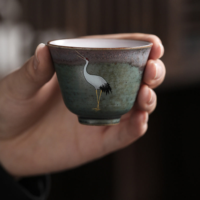 Auspicious Crane Ceramic Tea Cup for Meditation & Ritual