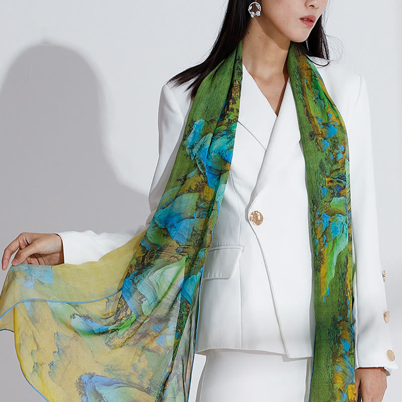 100% Mulberry Silk Tibetan Scarf Panorama of Rivers and Mountains