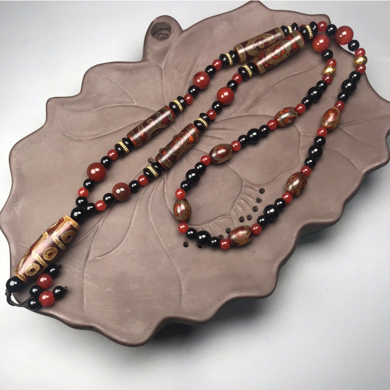 Nine-Eye Dzi Bead Red Agate 9x12mm Wealth Necklace