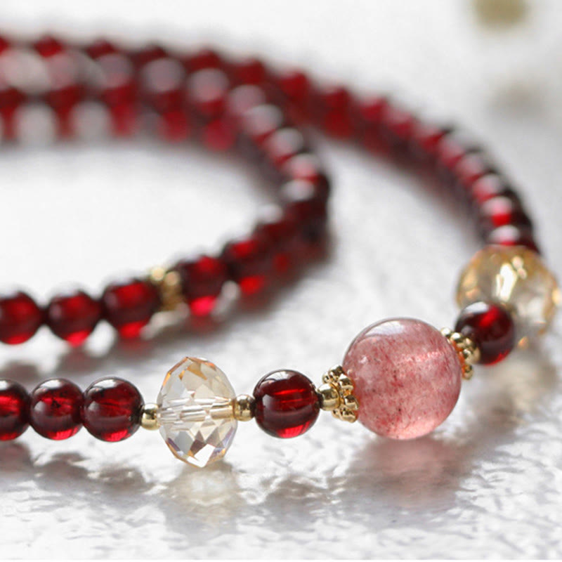 14K Gold Garnet Strawberry Quartz Stability Bracelet