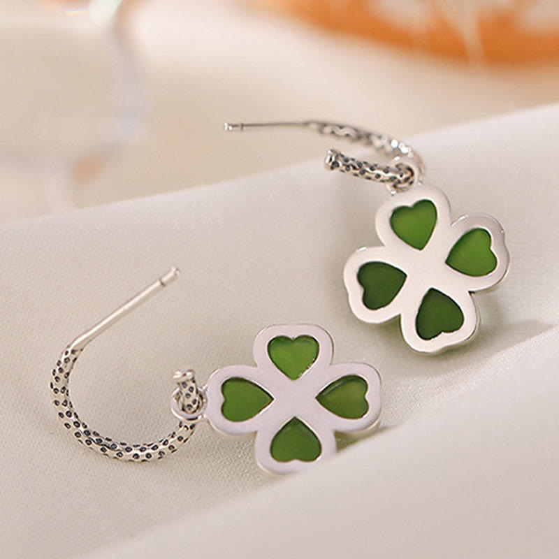 925 Sterling Silver Cyan Jade Four Leaf Clover Luck Earrings