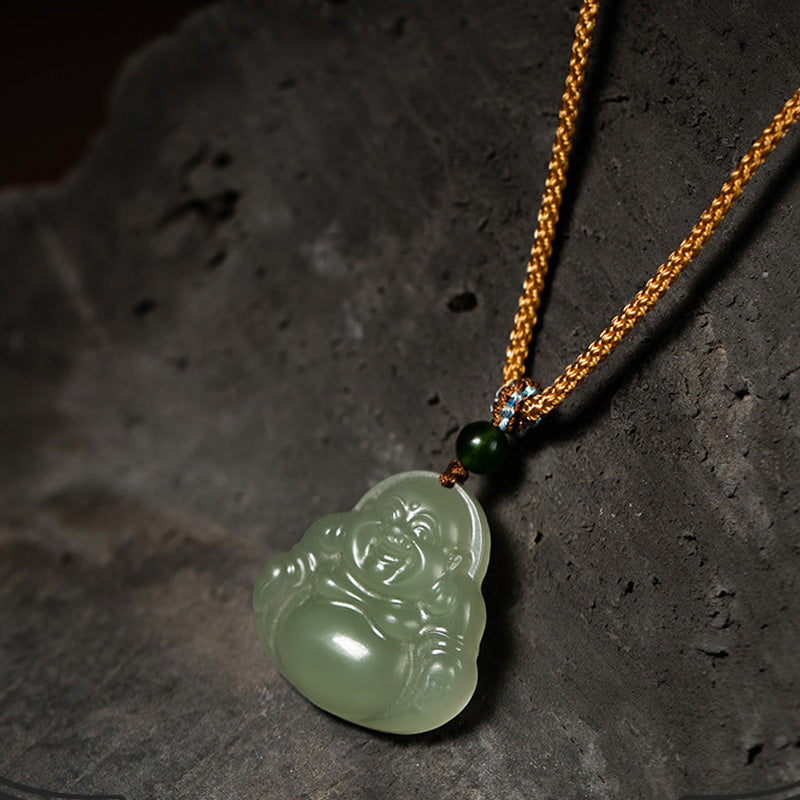 Laughing Buddha Jade Lotus Prosperity String Necklace