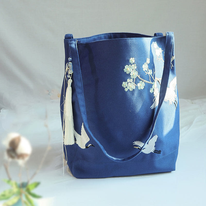 Canvas Tote Bag with Flower Crane & Plum Blossom Embroidery