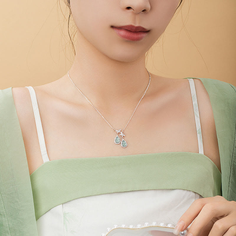 Green Jade Double Gourd Butterfly Luck Necklace