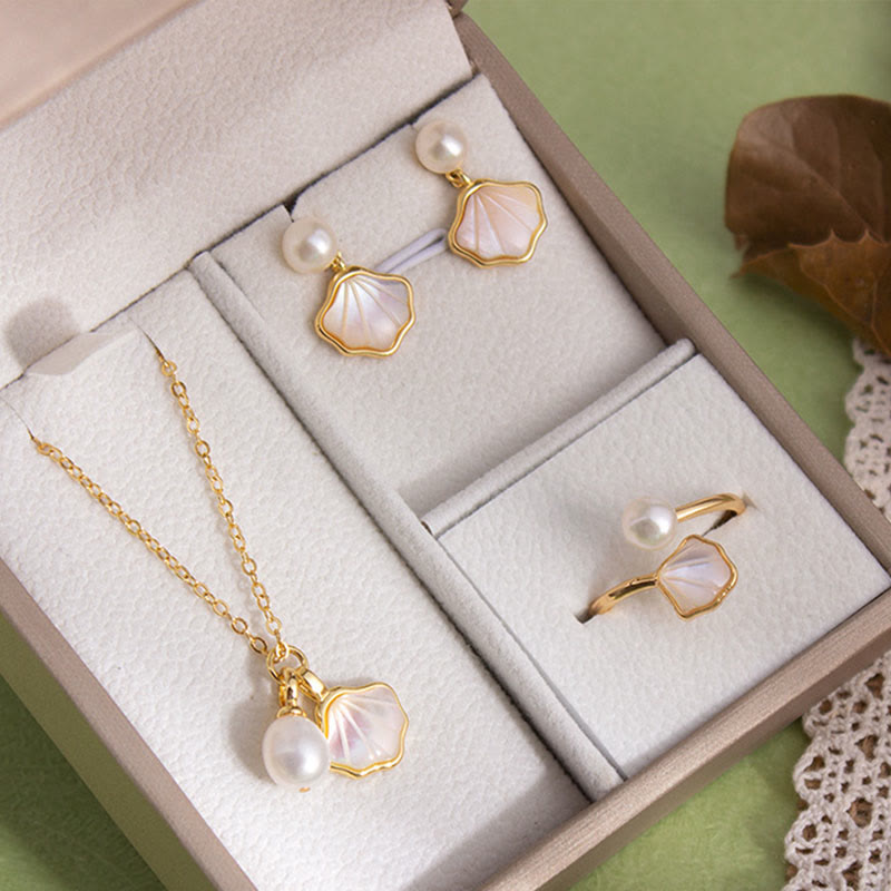 Ginkgo Tridacna Pearl Jewelry Set with Copper Ring Earrings Necklace