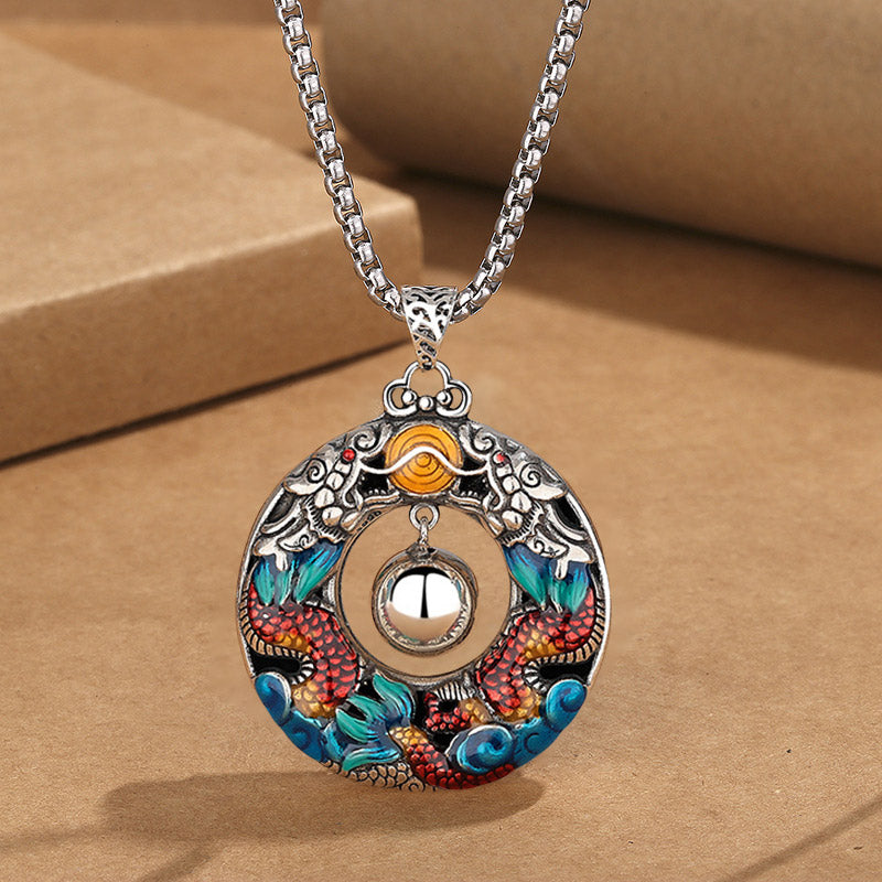 Copper Dragon Necklace | Double Dragons Protection Pendant