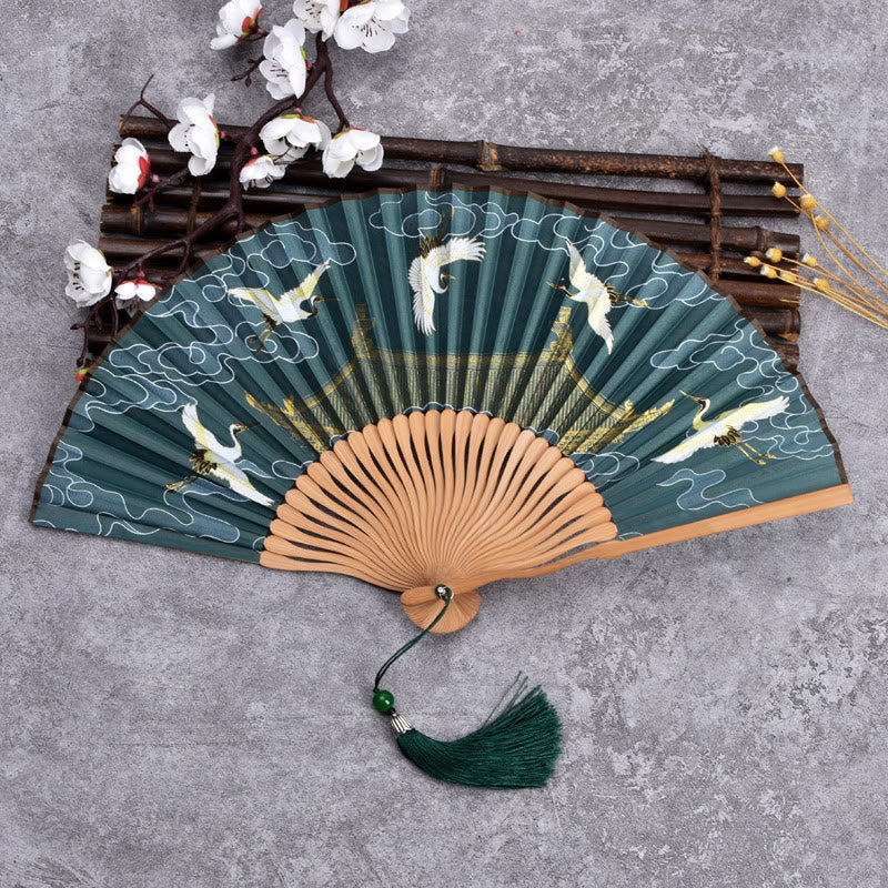 Classic Bamboo Hand Fan | Vintage Cloud Crane Pattern