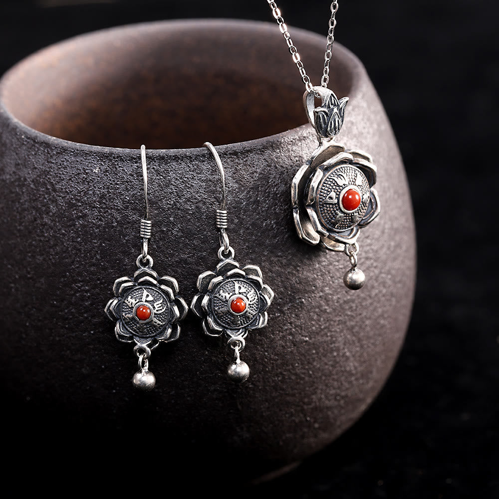 Sterling Silver Om Mani Padme Hum Lotus Necklace & Earrings Set