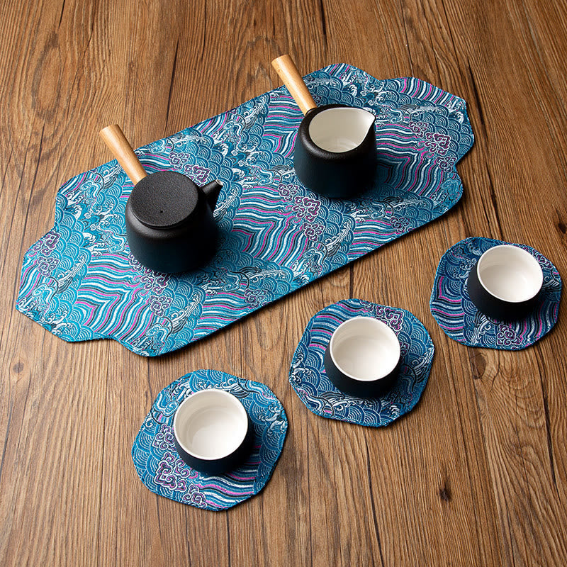 Sea Wave Bamboo Plum Blossom Brocade Tea Mat 48x22cm Zen Decor