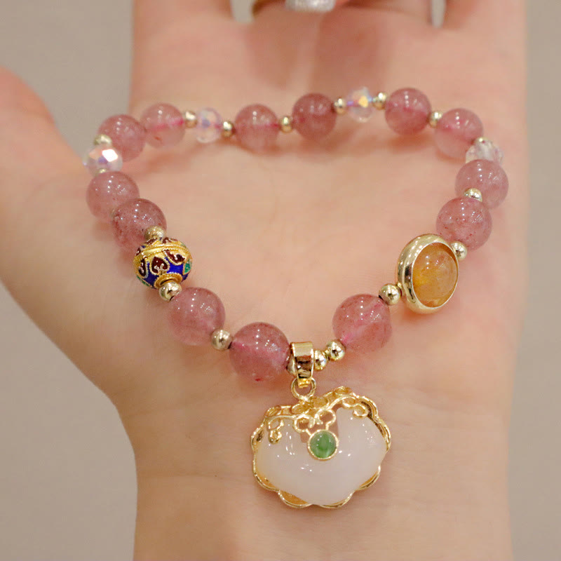 Strawberry Quartz Healing Bracelet with Chinese Lock Charm