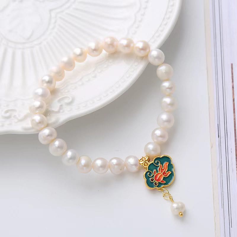 Pearl Bracelet with Lotus and Koi Fish Charm for Optimism