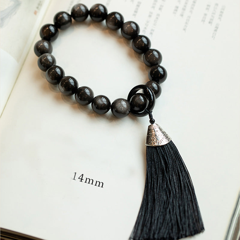 16mm Silver Sheen Obsidian Lion Wrist Mala for Protection & Wisdom