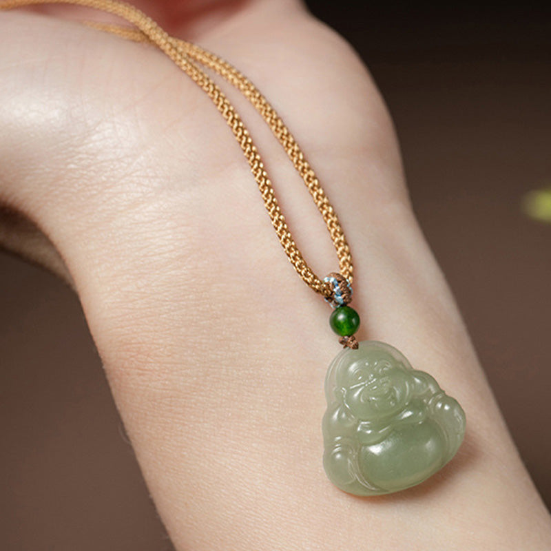 Laughing Buddha Jade Lotus Prosperity String Necklace