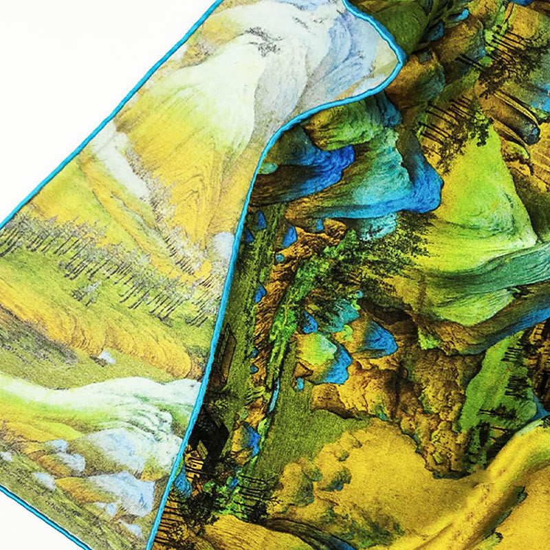 100% Mulberry Silk Tibetan Scarf Panorama of Rivers and Mountains