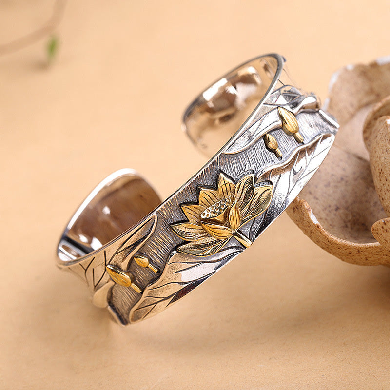 Lotus Flower Calm Bracelet in 925 Sterling Silver Adjustable