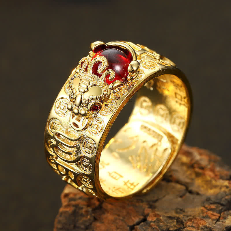 Unisex 10mm Garnet PiXiu Wealth Ring in Silver & Gold