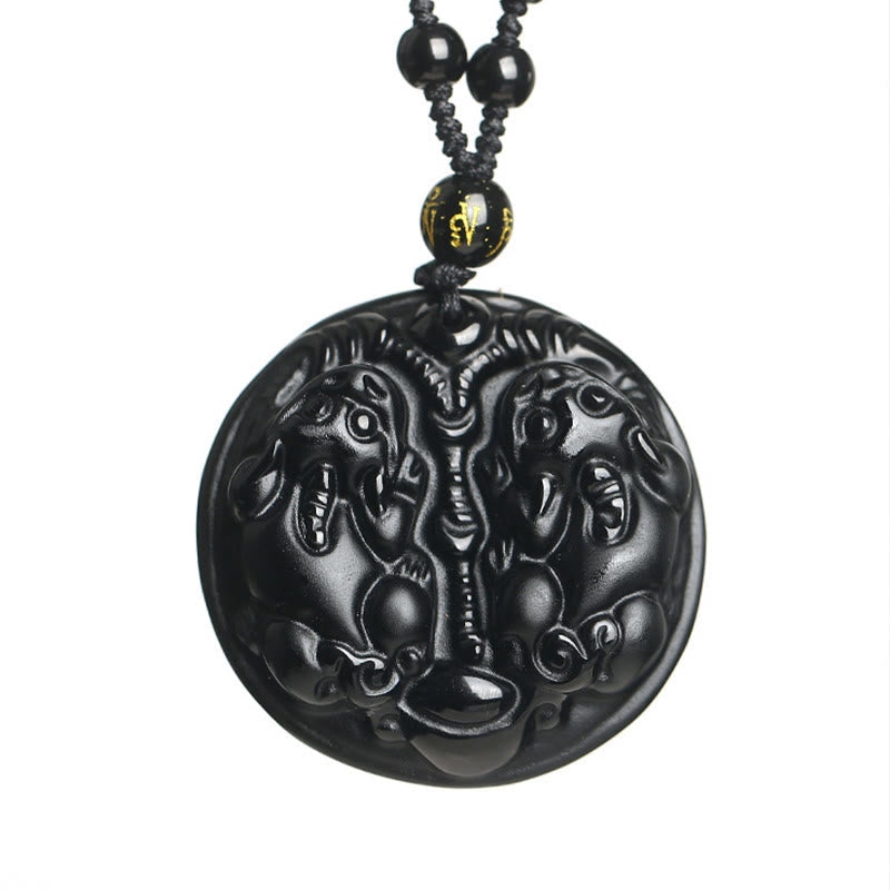 Black Obsidian Pixiu Pendant Necklace for Wealth & Protection