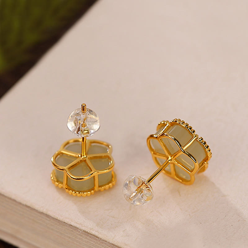 Sterling Silver Hetian Jade Plum Flower Luck Stud Earrings