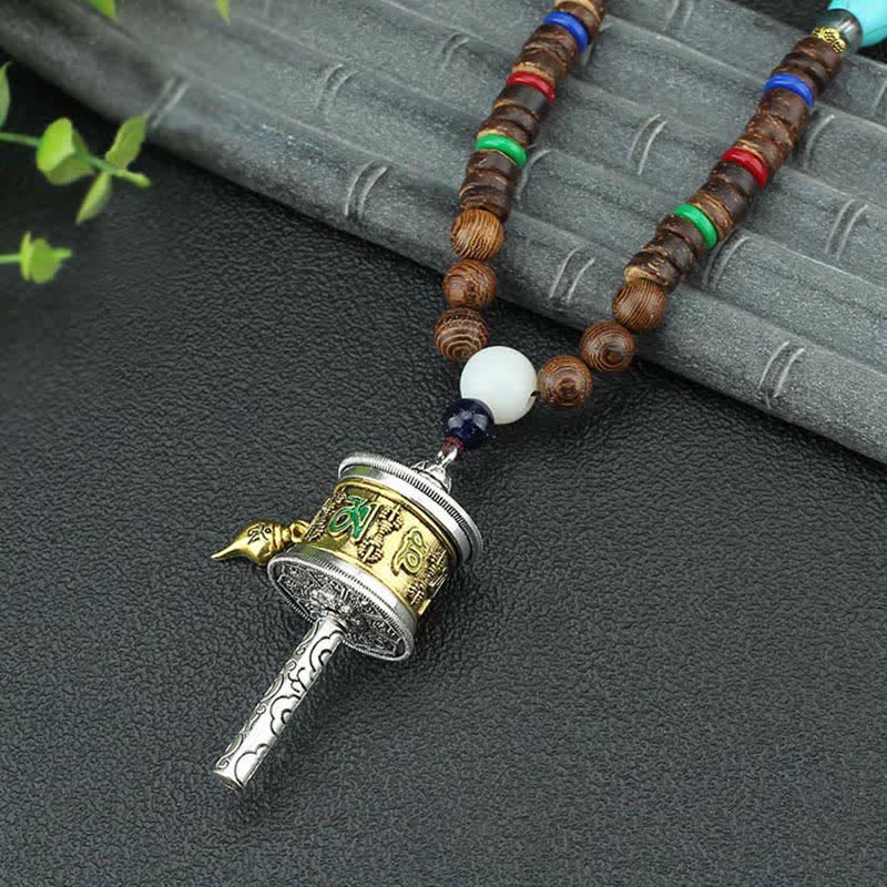 Turquoise Om Mani Padme Hum Prayer Wheel Necklace