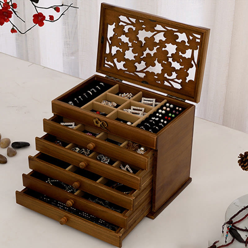 Six-Layer Wooden Jewelry Box with Vintage Plum Blossom Carvings