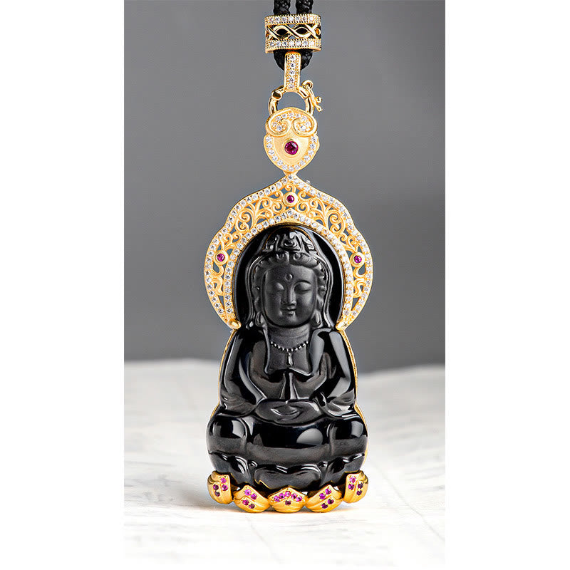 Black Jade Kwan Yin Avalokitesvara Necklace for Protection