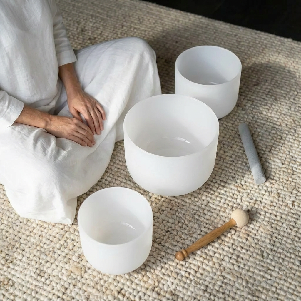8"A 10"E 12"C Frosted Quartz Crystal Singing Bowl Set