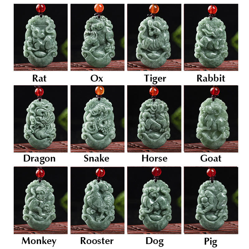 Natural Jade 12 Chinese Zodiac Prosperity Necklace Pendant
