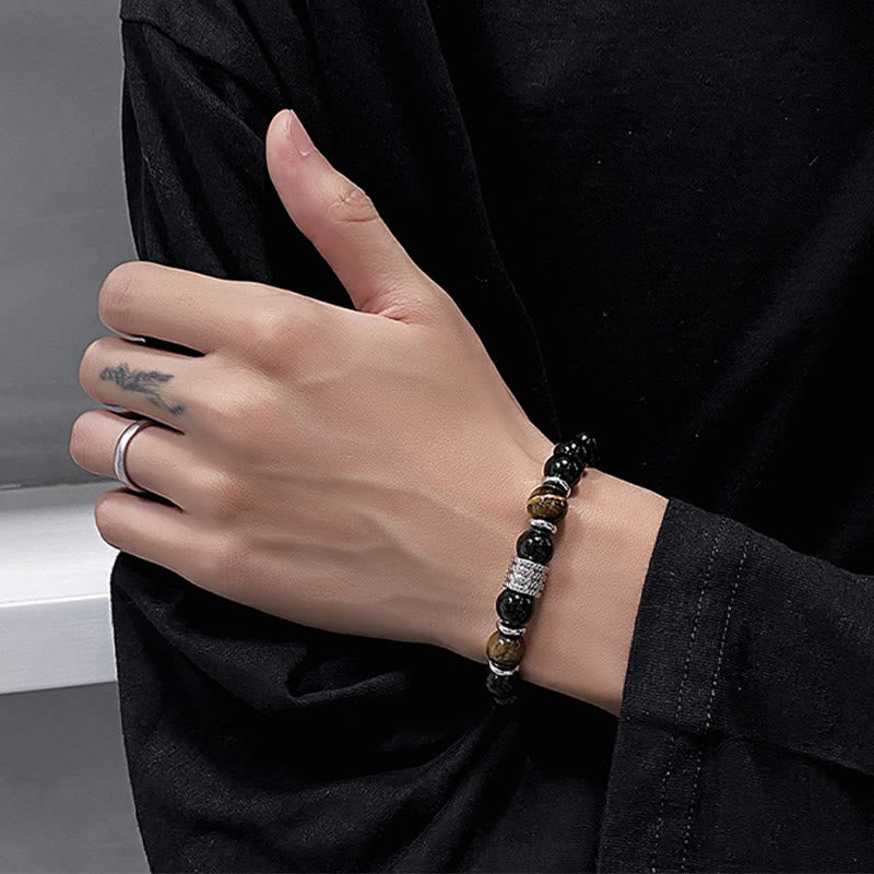 Obsidian Bracelet 10mm with Tiger Eye for Strength & Balance