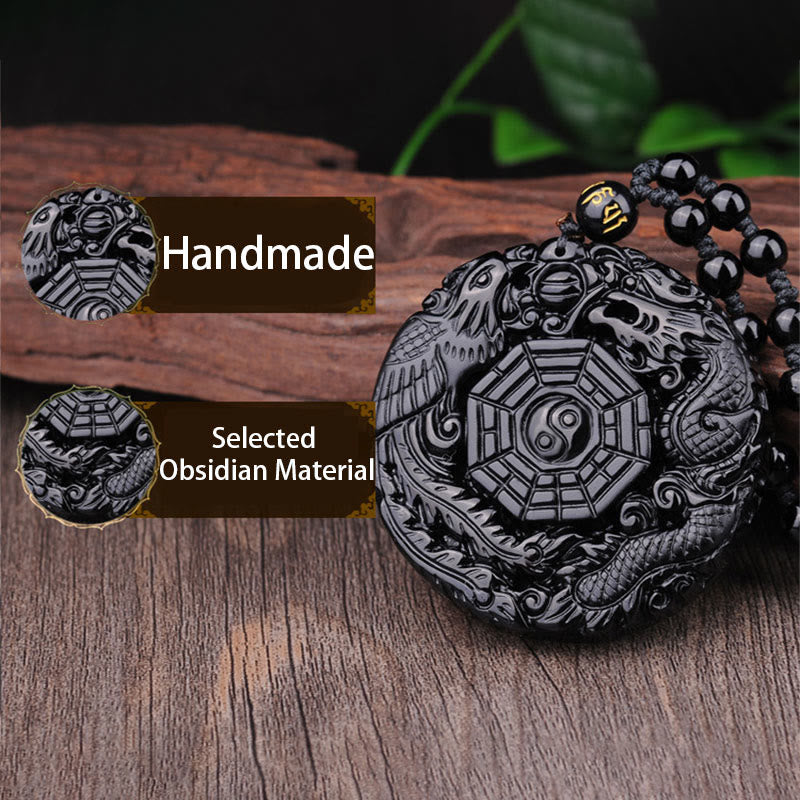 Obsidian Bagua Dragon Phoenix Fulfilment Pendant Necklace