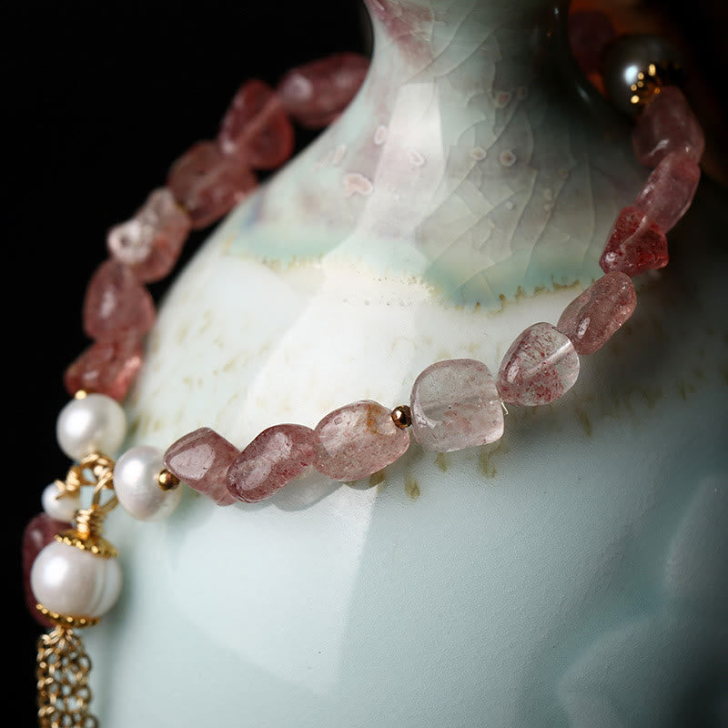 Strawberry Quartz Pearl 14k Gold Love Healing Bracelet