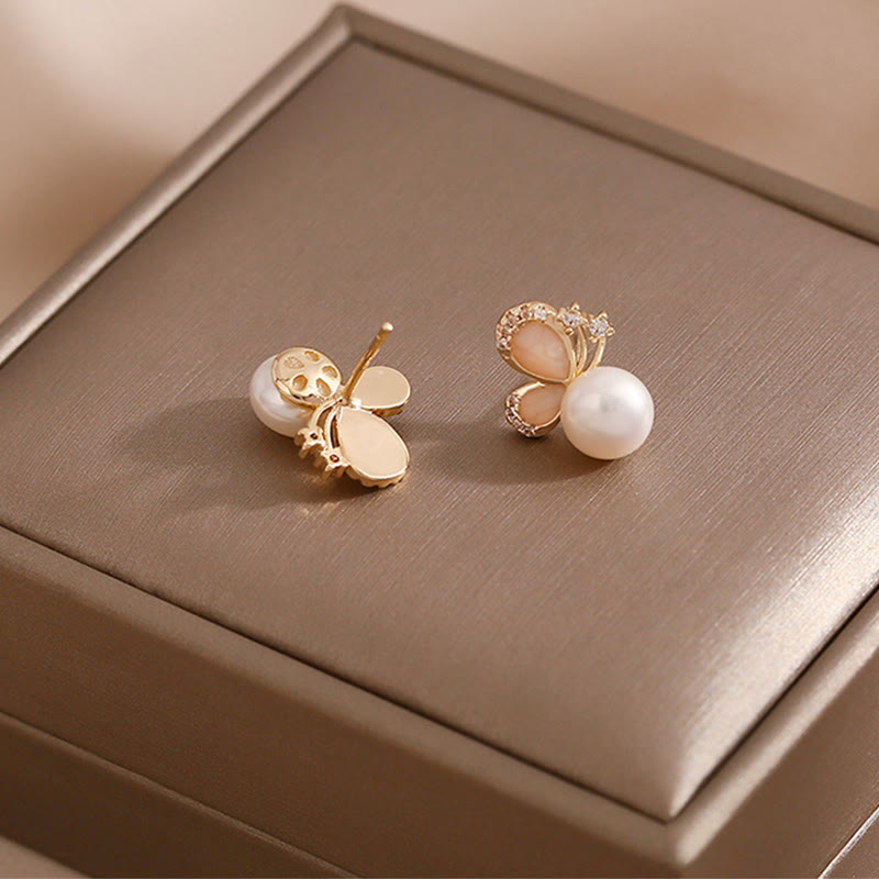 18K Gold Pearl Butterfly Love Freedom Stud Earrings