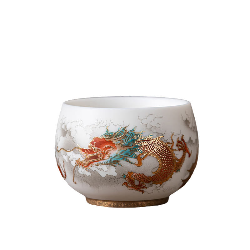 Ceramic Zen Decor Tea Cup | Phoenix Dragon Lotus Motifs