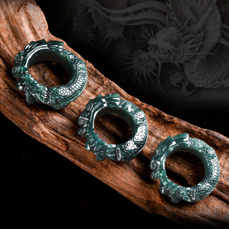 Cyan Jade Dragon Carved Success Ring 21-22mm