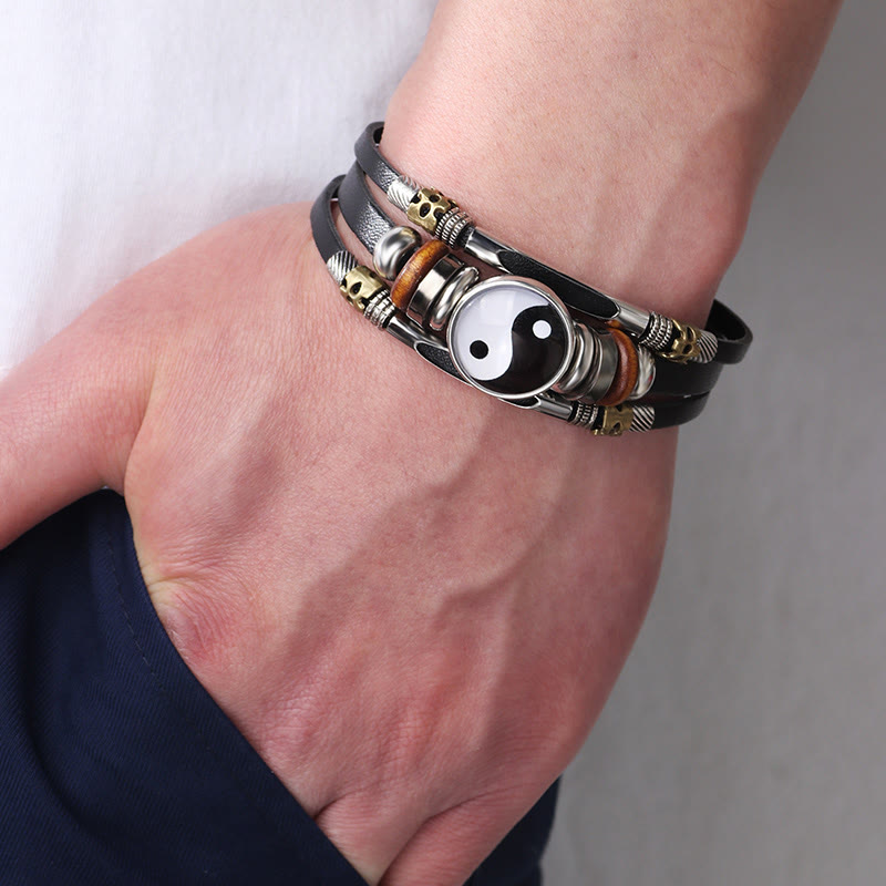 Unisex Yin Yang Leather Balance Bracelet 21.5cm