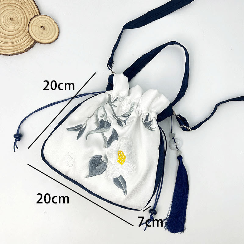 Cotton Linen Tote Bag with Lotus Koi Embroidery 20cm